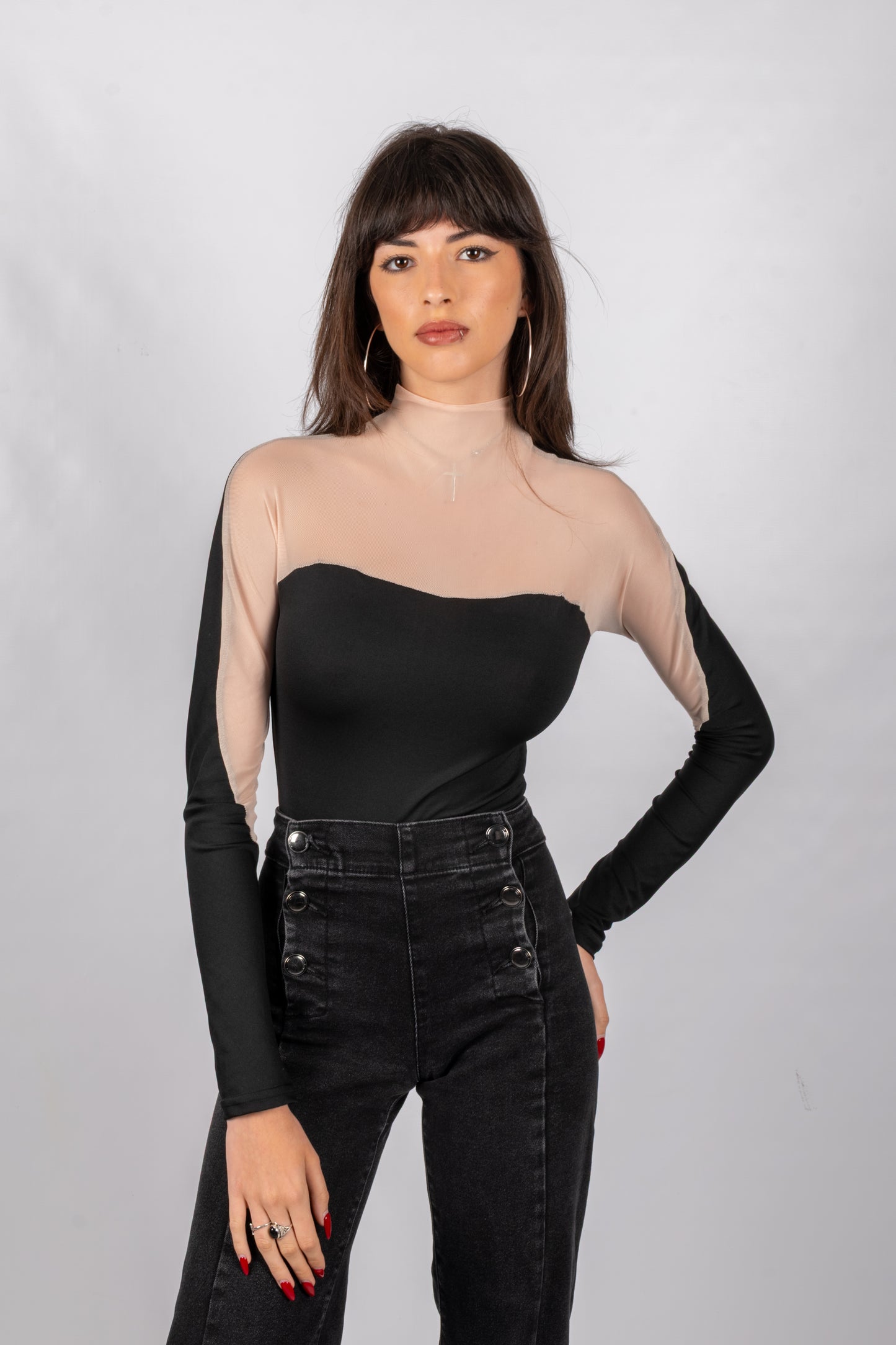 Body de Malla con Contraste y Cuello Alto