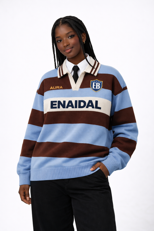 Suéter Rugby Tejido con Cuello Polo y Rayas Clásicas – Estilo Universitario