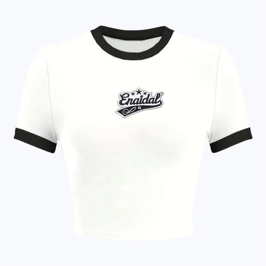 Camiseta tipo top casual para mujer – manga corta en contraste y cuello redondo